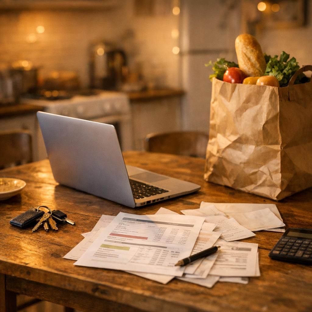 Table de logement étudiant avec budget et ordinateur